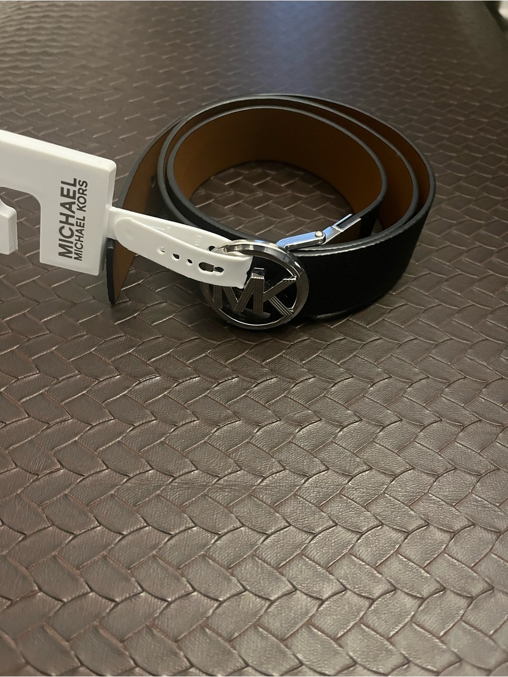 Michael Kors Reversible Leather Belt with Silver MK Round Buckle Medium New